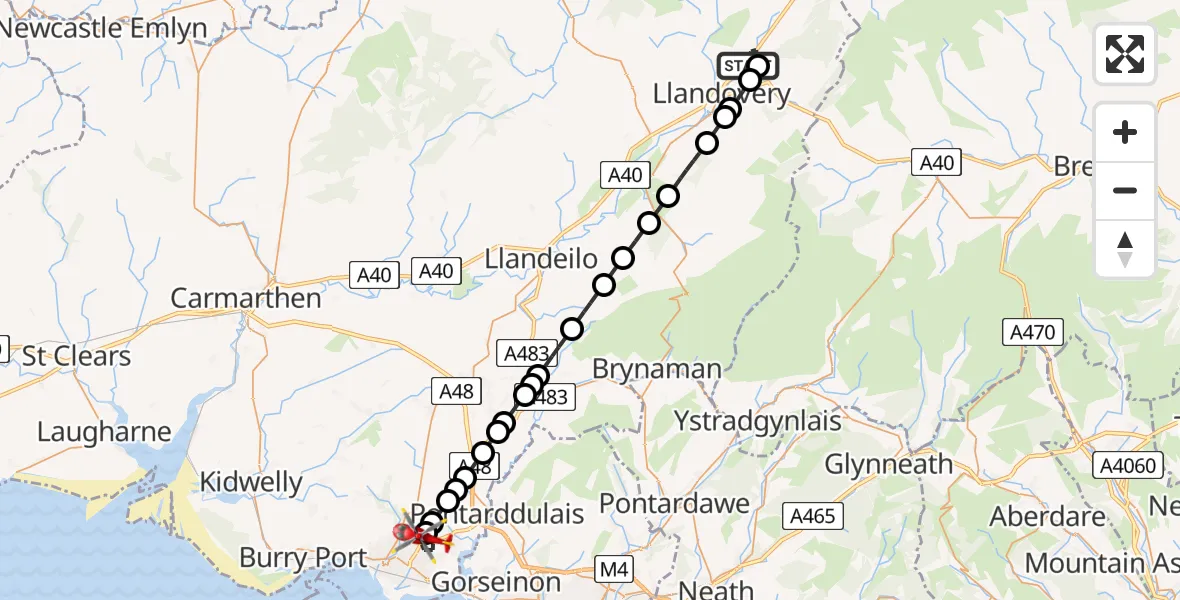 Flight route Air Ambulance Helicopter Llandovery - Dafen, 11 May 2026, 11:32