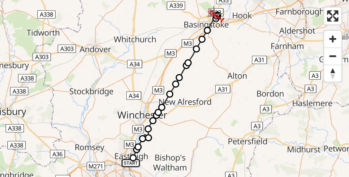 Flight route Air Ambulance Helicopter Southampton Airport - Basingstoke, 11 May 2026, 11:38