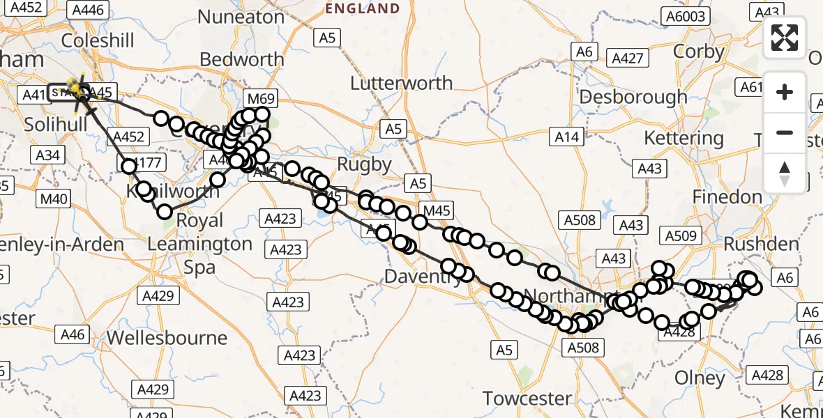 Flight route Police Helicopter Birmingham Airport - Solihull, 11 May 2026, 12:10