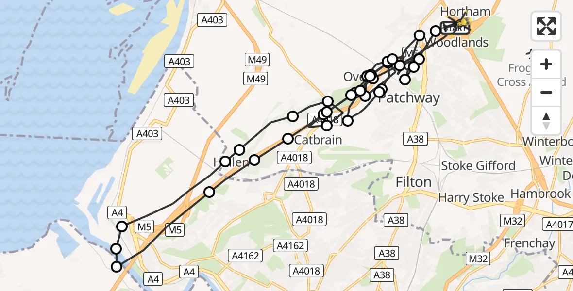 Flight route Police Helicopter Almondsbury Helicopter Base - Hortham, 11 May 2026, 12:52