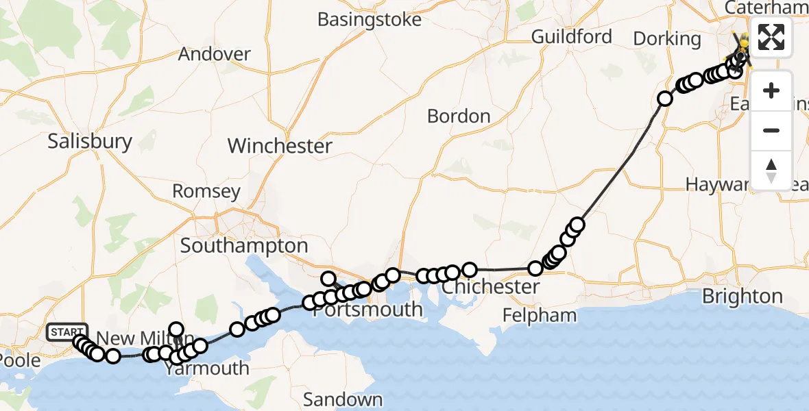 Flight route Police Helicopter Bournemouth - Tandridge, 11 May 2026, 12:53