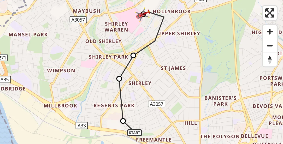 Flight route Air Ambulance Helicopter Freemantle - University Hospital Southampton, 11 May 2026, 13:08