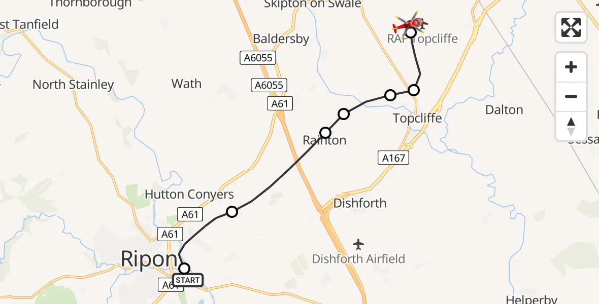Flight route Air Ambulance Helicopter Ripon - RAF Topcliffe, 11 May 2026, 13:19