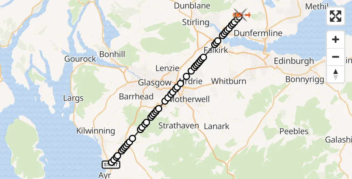 Flight route Coastguard Helicopter Glasgow Prestwick Airport - Blairingone, 11 May 2026, 13:25