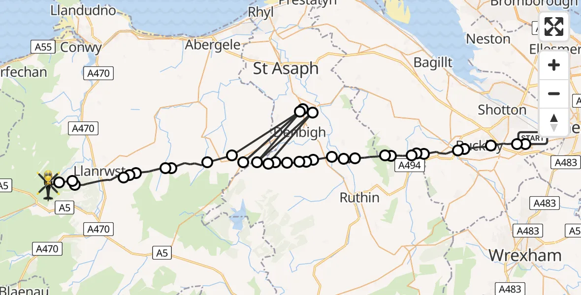 Flight route Police Helicopter Hawarden Airport - Trefriw, 11 May 2026, 13:44