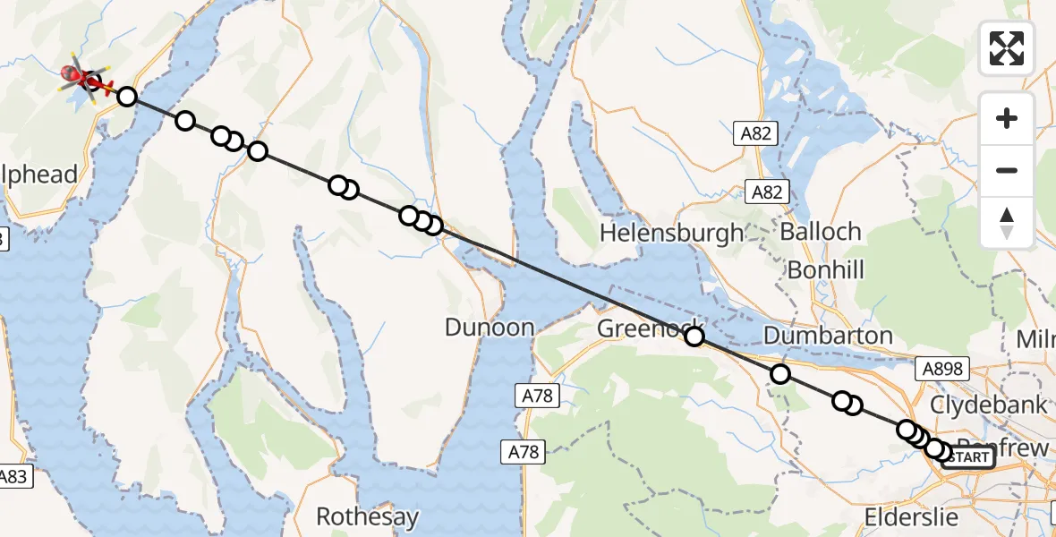 Flight route Air Ambulance Helicopter Glasgow Airport - Loch Glashan, 11 May 2026, 13:51