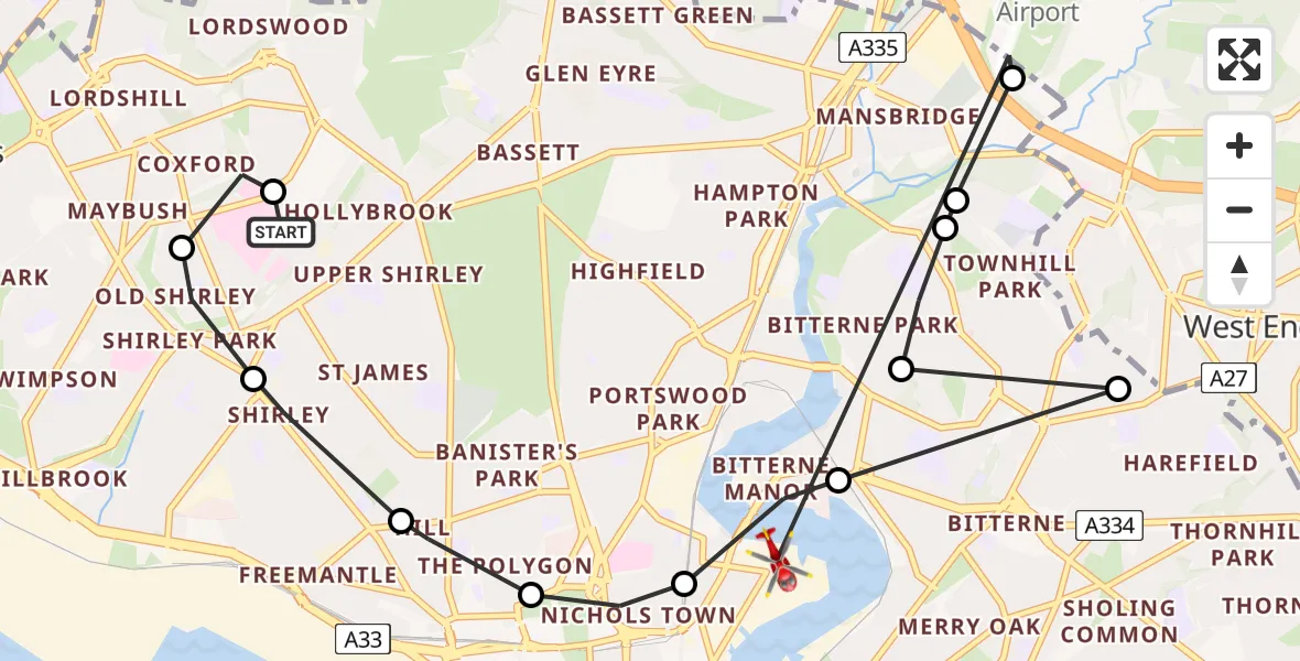 Flight route Air Ambulance Helicopter University Hospital Southampton - Bitterne Manor, 11 May 2026, 13:53