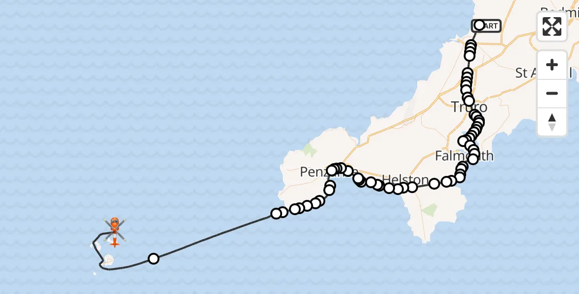 Flight route Coastguard Helicopter Cornwall Airport Newquay - North Atlantic Ocean, 11 May 2026, 13:53