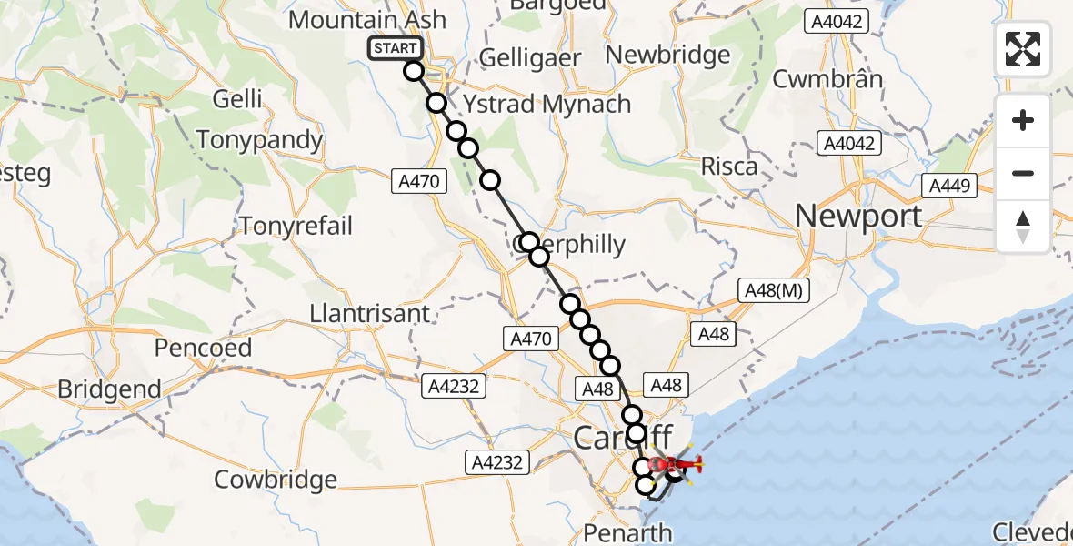 Flight route Air Ambulance Helicopter Penrhiwceiber - Cardiff Heliport, 11 May 2026, 13:55