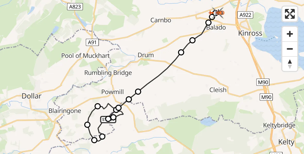 Flight route Coastguard Helicopter Powmill - Balado Airfield, 11 May 2026, 13:55