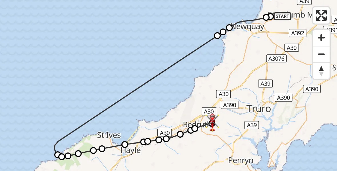 Flight route Air Ambulance Helicopter Cornwall Airport Newquay - Scorrier, 11 May 2026, 13:55