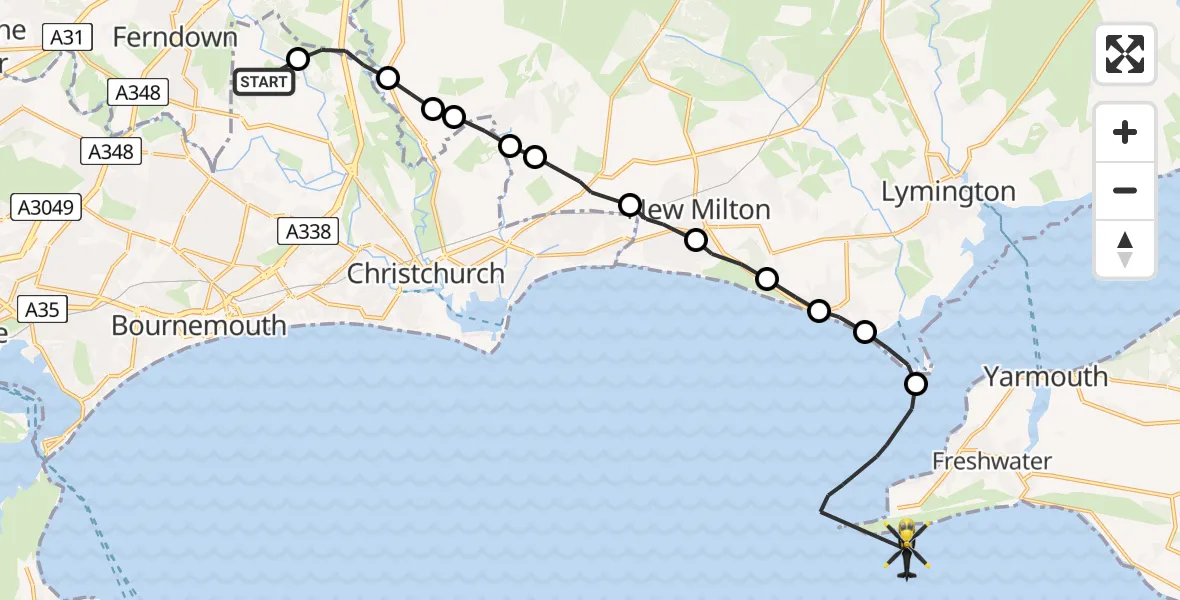 Flight route Police Helicopter Bournemouth Airport - English Channel, 11 May 2026, 13:56