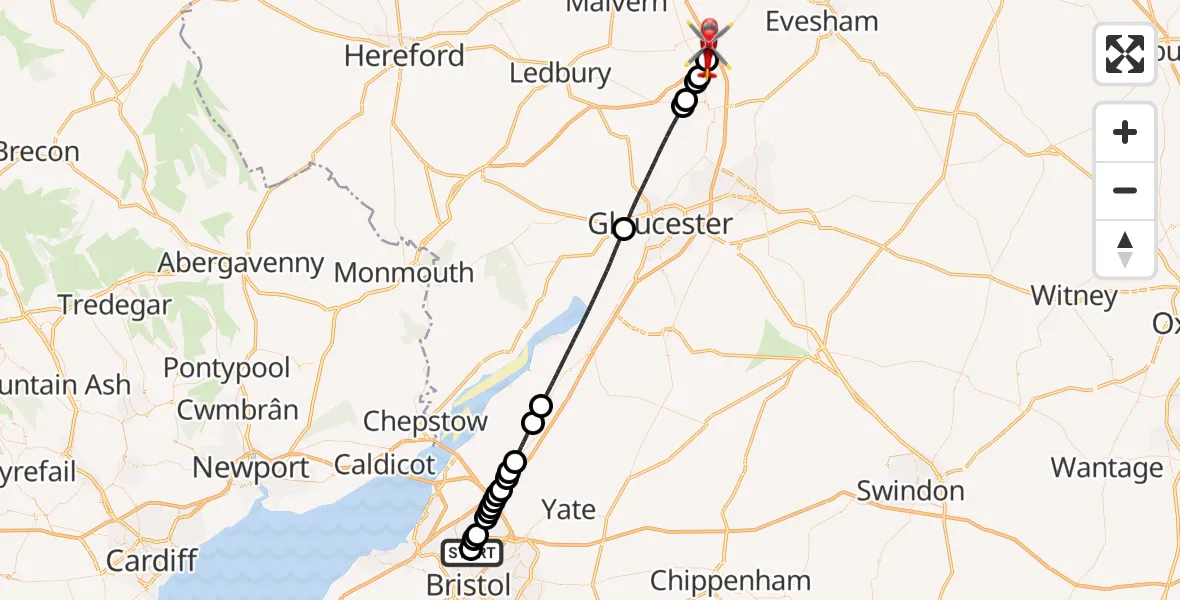 Flight route Air Ambulance Helicopter Southmead Hospital - Upper Strensham, 11 May 2026, 13:59