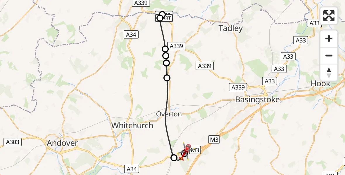 Flight route Air Ambulance Helicopter Bishops Green - Popham Airfield, 11 May 2026, 14:00
