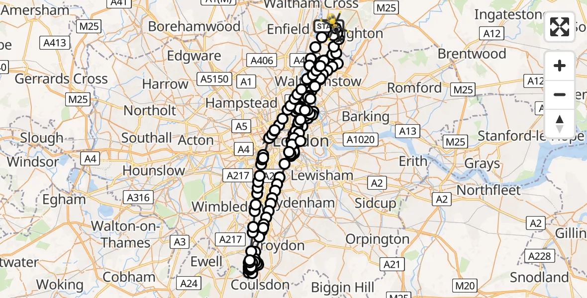 Flight route Police Helicopter Sewardstonebury - Metropolitan Police Air Support Unit Lippitts Hill, 11 May 2026, 14:03