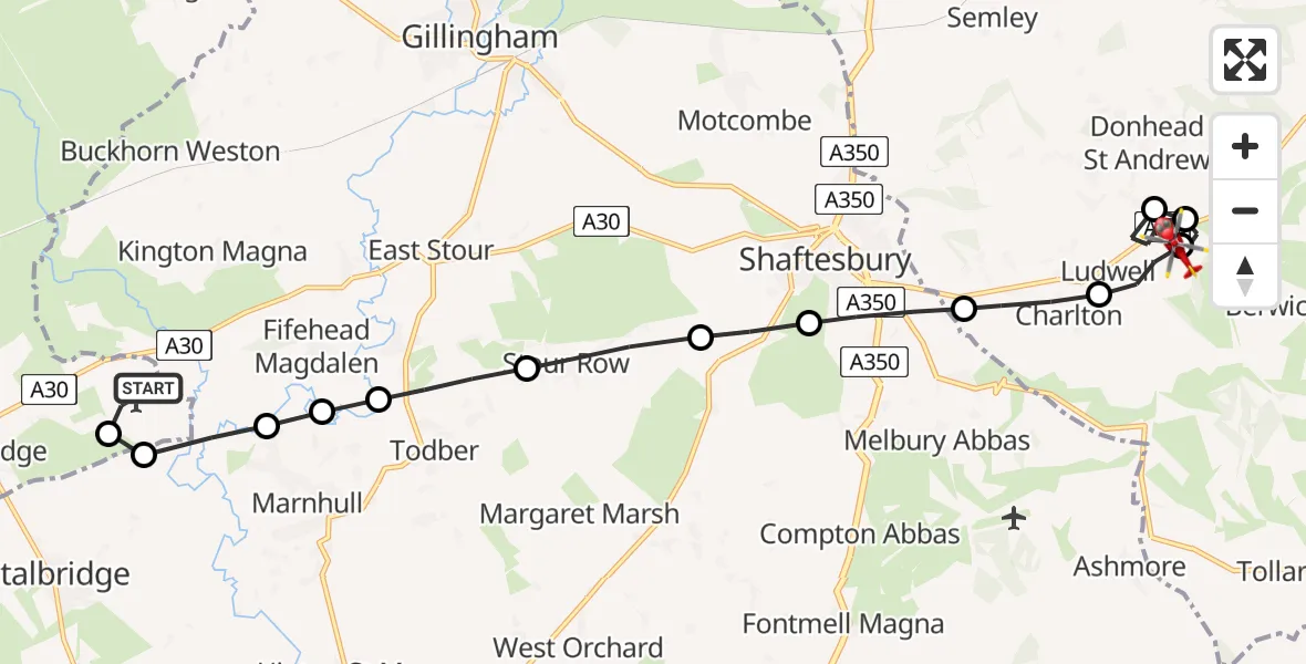 Flight route Air Ambulance Helicopter Henstridge Airfield - Donhead St Andrew, 11 May 2026, 14:30