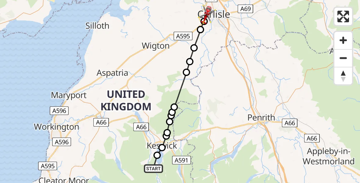 Flight route Air Ambulance Helicopter Grange - Carlisle, 11 May 2026, 14:48