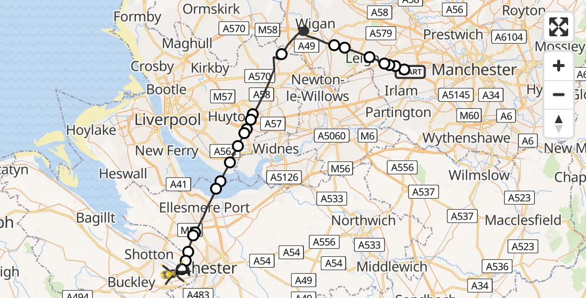 Flight route Police Helicopter Irlam - Hawarden Airport, 11 May 2026, 15:14