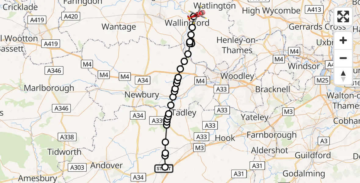 Flight route Air Ambulance Helicopter Popham Airfield - RAF Benson, 11 May 2026, 15:14