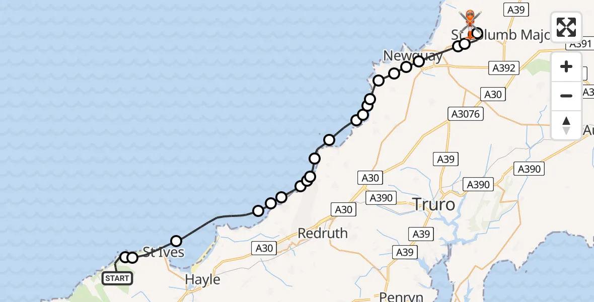 Flight route Coastguard Helicopter Zennor - Cornwall Airport Newquay, 11 May 2026, 15:20