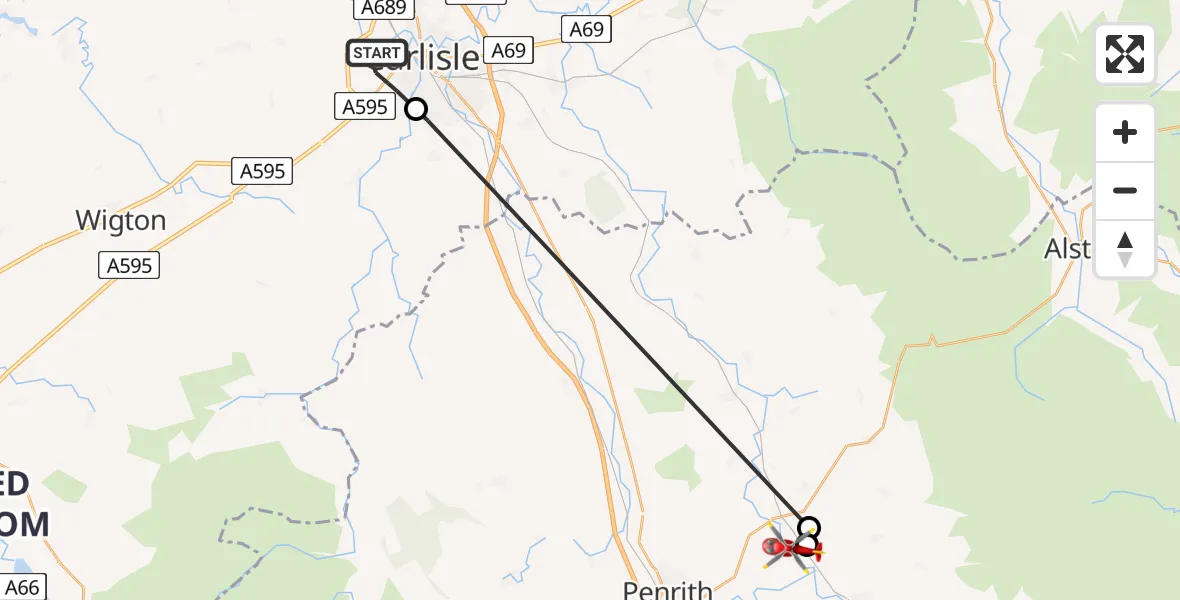 Flight route Air Ambulance Helicopter Carlisle - Edenhall, 11 May 2026, 15:21