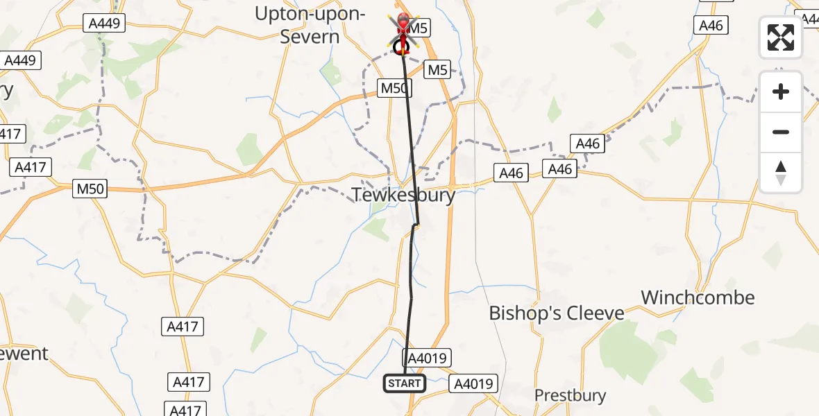Flight route Air Ambulance Helicopter Tewkesbury - Upper Strensham, 11 May 2026, 15:22