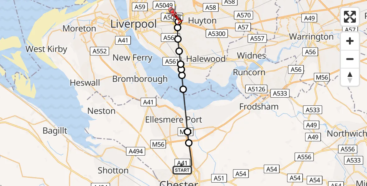 Flight route Air Ambulance Helicopter Chester - Knotty Ash, 11 May 2026, 15:22