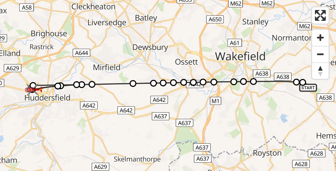 Flight route Air Ambulance Helicopter YAA Nostell Helicopter Port - Huddersfield, 11 May 2026, 15:24