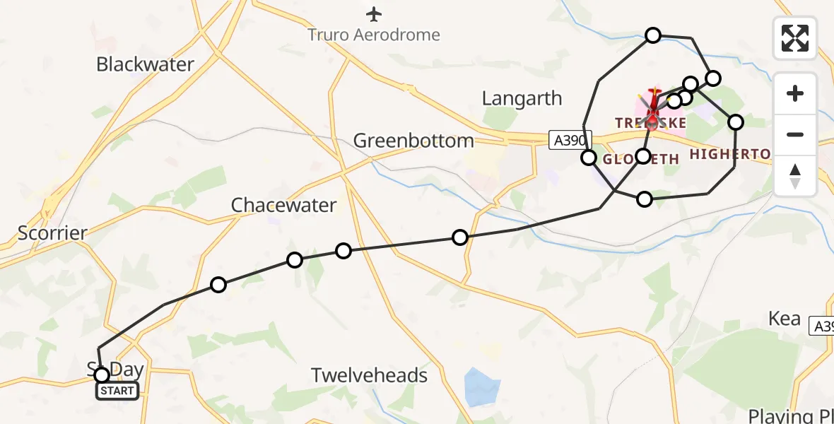 Flight route Air Ambulance Helicopter St. Day - Treliske Hospital, 11 May 2026, 15:26
