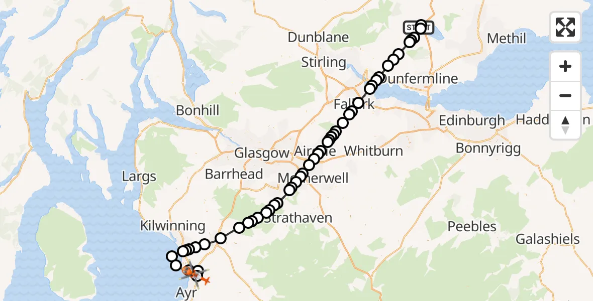 Flight route Coastguard Helicopter Balado Airfield - Glasgow Prestwick Airport, 11 May 2026, 15:30