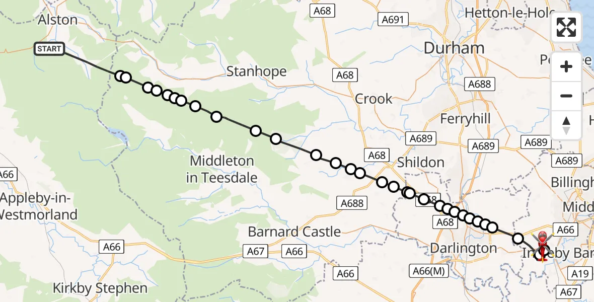 Flight route Air Ambulance Helicopter Alston Moor - Egglescliffe, 11 May 2026, 15:31