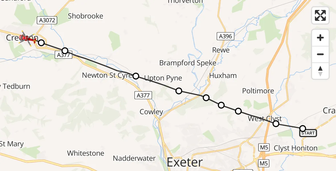 Flight route Air Ambulance Helicopter Exeter International Airport - Crediton, 11 May 2026, 15:37