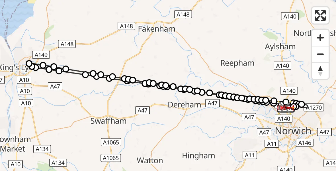 Flight route Air Ambulance Helicopter Norwich Airport - Norwich Airport, 11 May 2026, 15:39