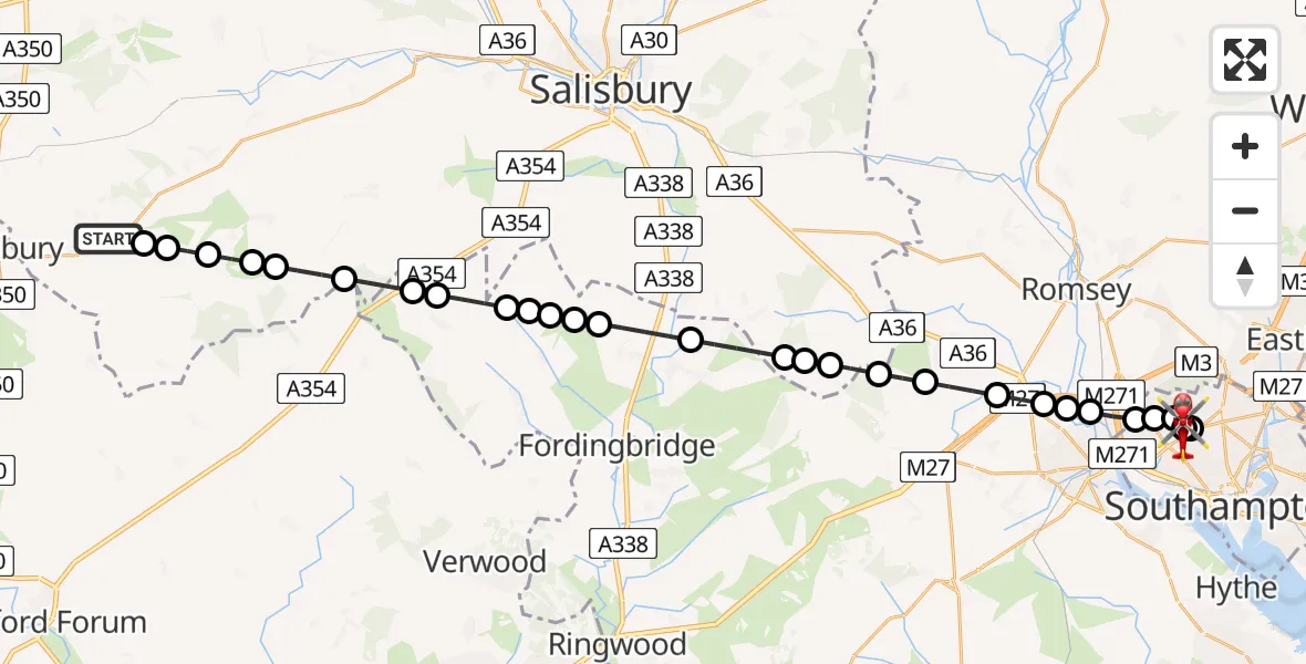Flight route Air Ambulance Helicopter Donhead St Andrew - University Hospital Southampton, 11 May 2026, 15:57