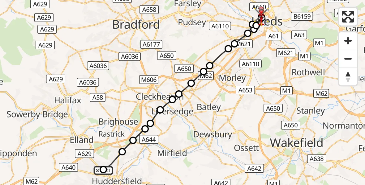 Flight route Air Ambulance Helicopter Huddersfield - Hyde Park, 11 May 2026, 16:06