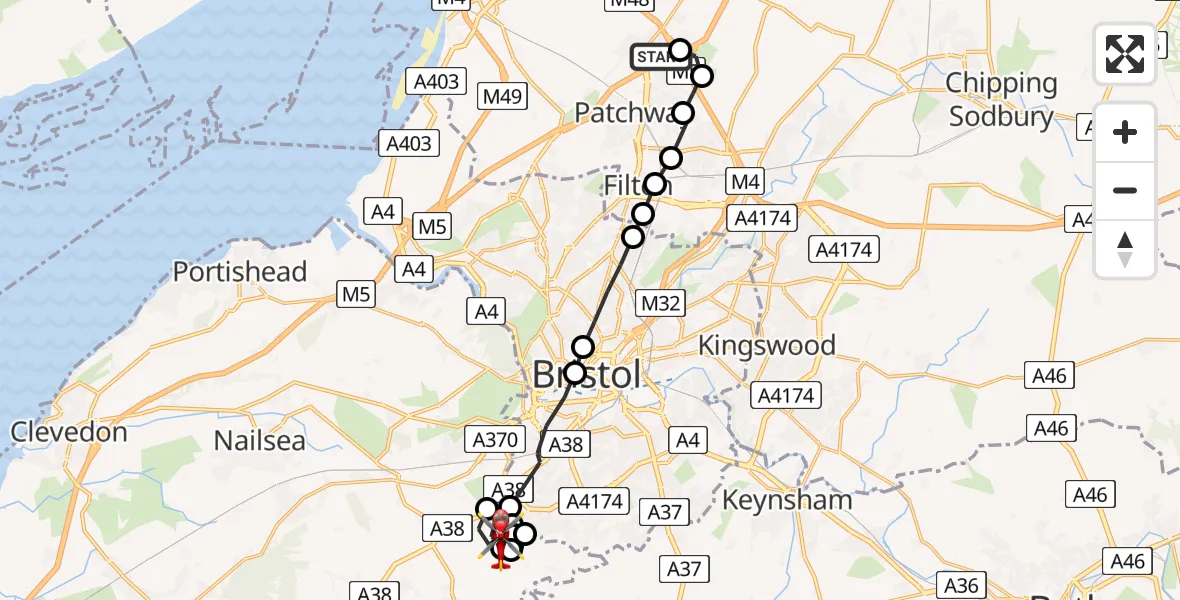 Flight route Air Ambulance Helicopter Almondsbury Helicopter Base - Dundry, 11 May 2026, 16:07