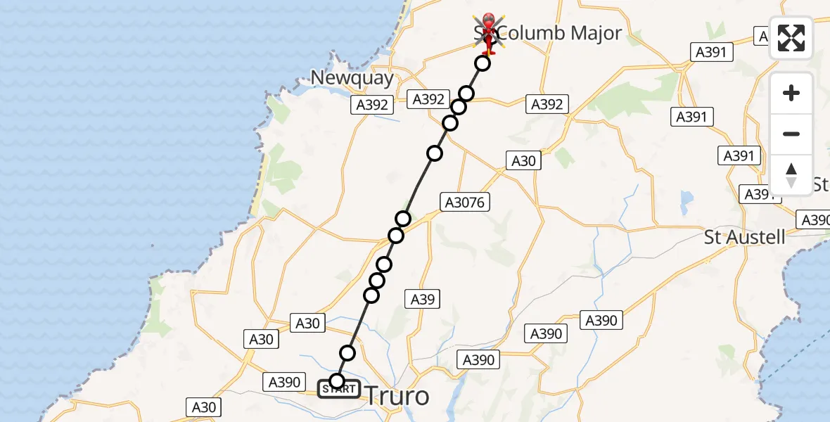 Flight route Air Ambulance Helicopter Treliske Hospital - Cornwall Airport Newquay, 11 May 2026, 16:18