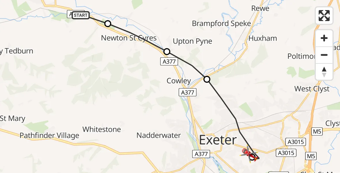 Flight route Air Ambulance Helicopter Mid Devon - Royal Devon & Exeter Hospital, 11 May 2026, 16:18