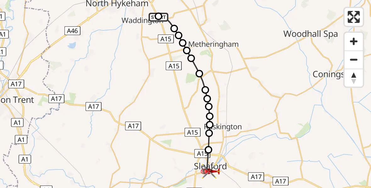 Flight route Air Ambulance Helicopter RAF Waddington - Sleaford, 11 May 2026, 16:19