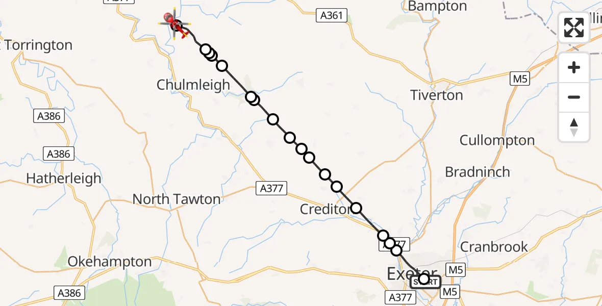 Flight route Air Ambulance Helicopter Royal Devon & Exeter Hospital - Chittlehamholt, 11 May 2026, 16:27