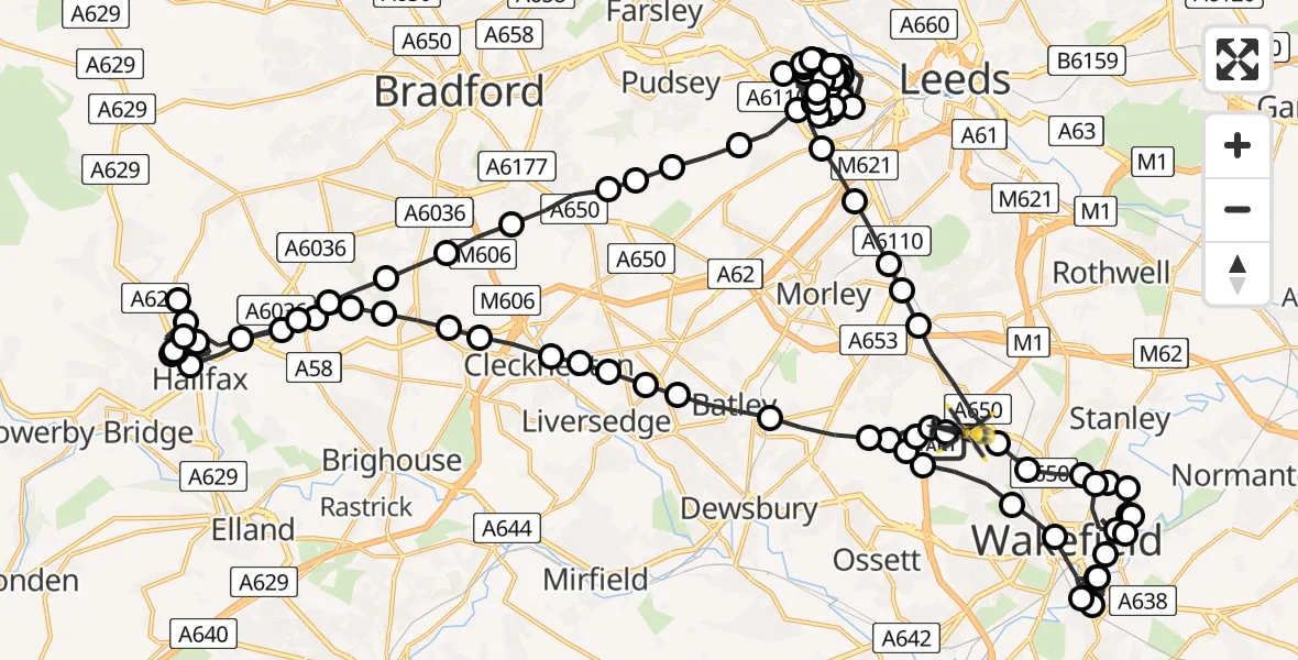 Flight route Police Helicopter East Ardsley - Wrenthorpe, 11 May 2026, 16:38