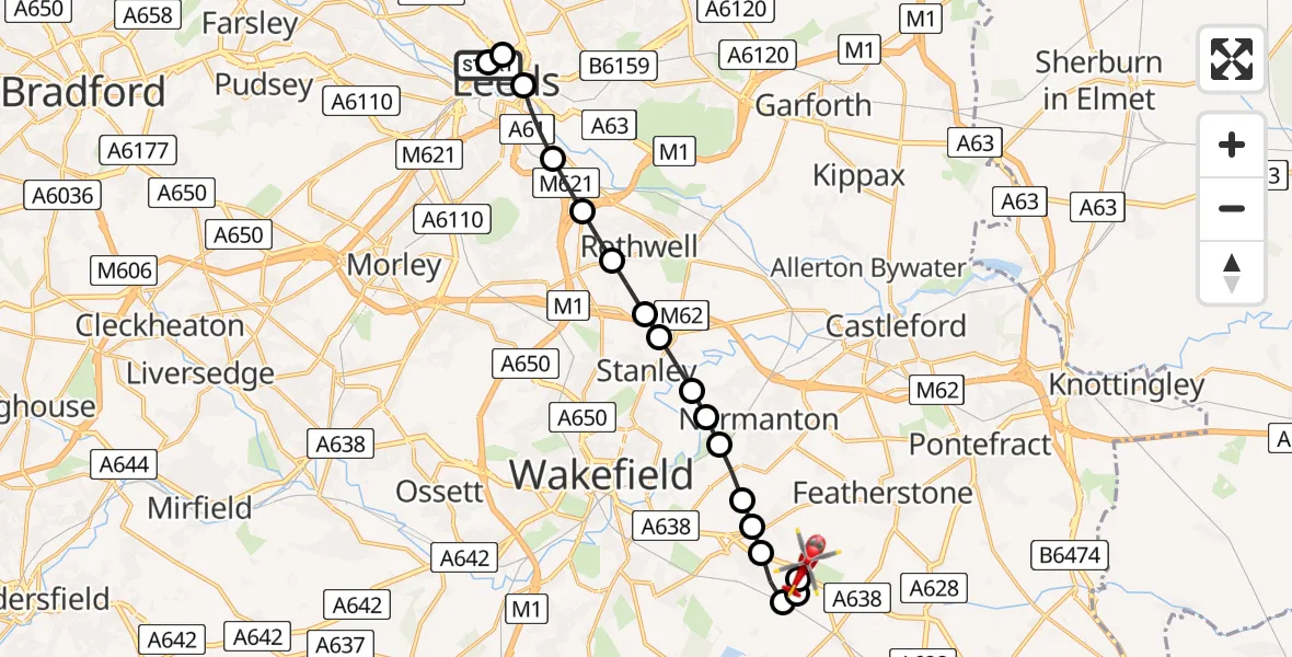 Flight route Air Ambulance Helicopter Woodhouse - YAA Nostell Helicopter Port, 11 May 2026, 16:39