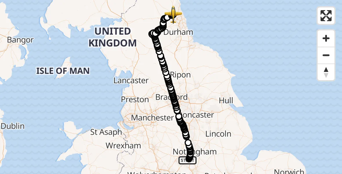 Flight route Police Aircraft East Midlands Airport - Newcastle International Airport, 11 May 2026, 16:39