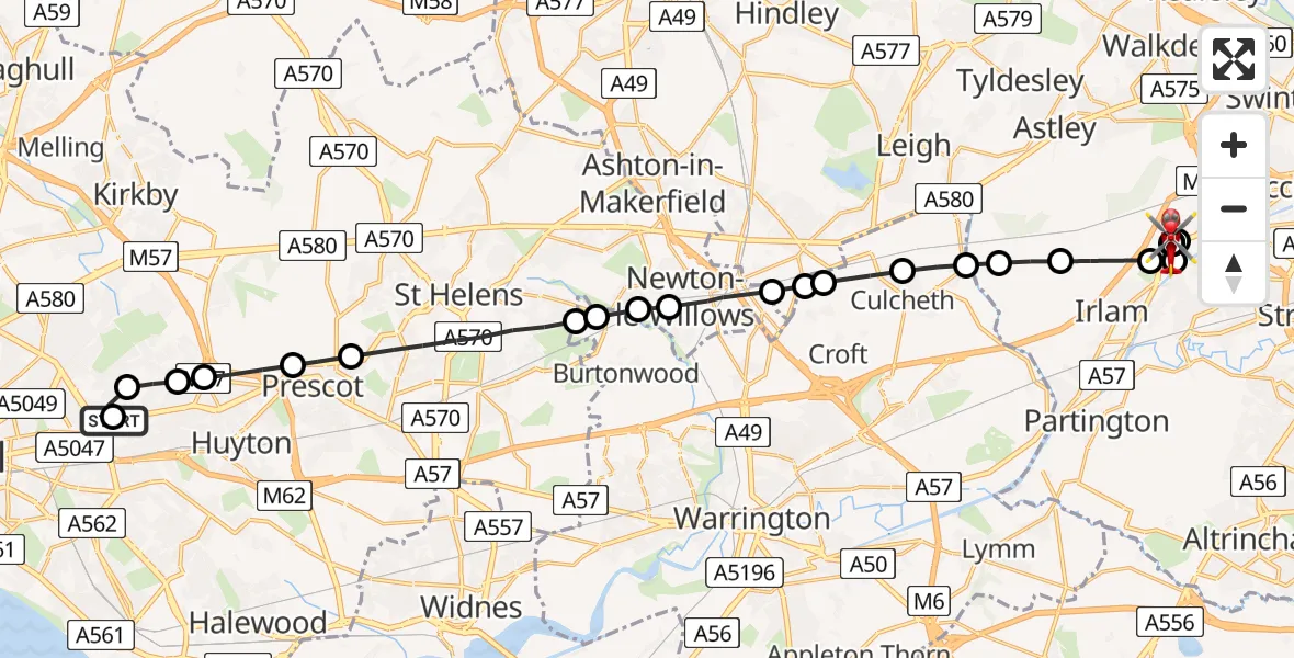 Flight route Air Ambulance Helicopter Knotty Ash - Irlam, 11 May 2026, 16:47