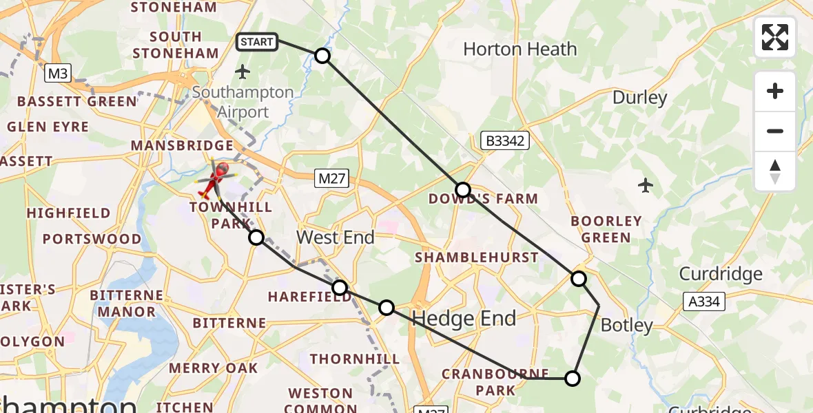 Flight route Air Ambulance Helicopter Southampton Airport - Mansbridge, 11 May 2026, 16:50