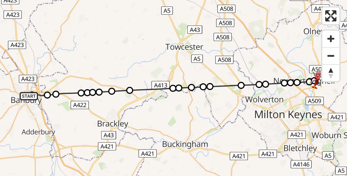 Flight route Air Ambulance Helicopter Banbury - Moulsoe, 11 May 2026, 16:56