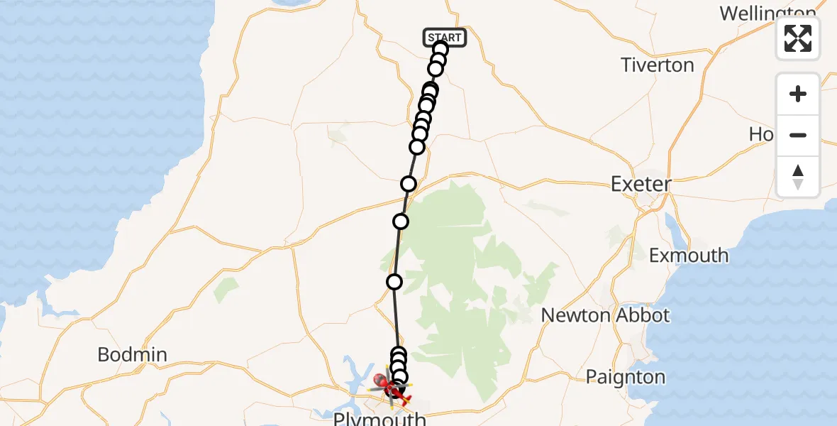 Flight route Air Ambulance Helicopter North Devon - Derriford Hospital, 11 May 2026, 17:02