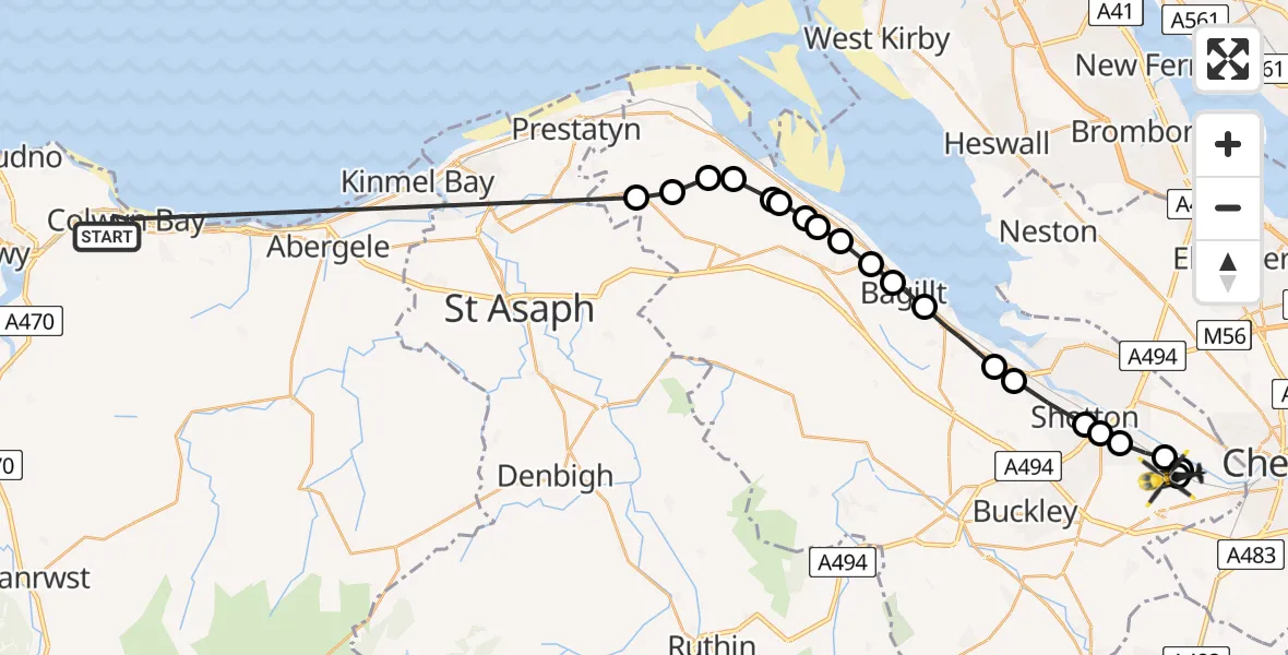 Flight route Police Helicopter Colwyn Bay - Hawarden Airport, 11 May 2026, 17:11