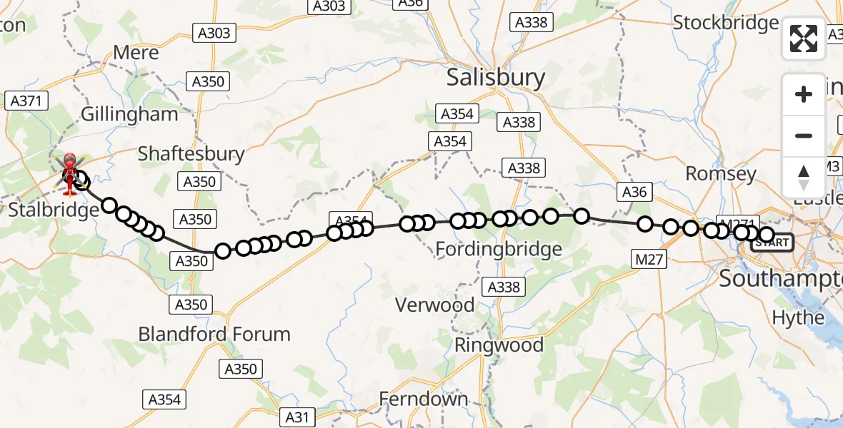 Flight route Air Ambulance Helicopter University Hospital Southampton - Henstridge Airfield, 11 May 2026, 17:12