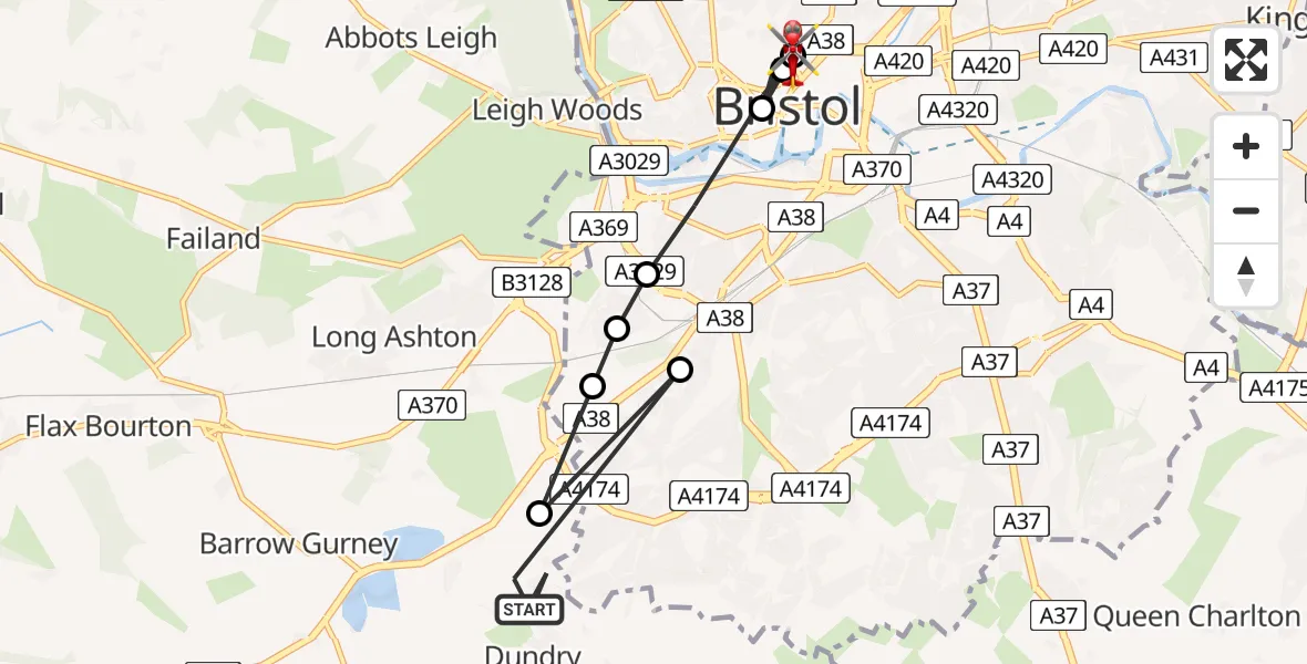 Flight route Air Ambulance Helicopter Dundry - Bristol Royal Infirmary, 11 May 2026, 17:13